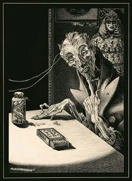 Ilustración de Alberto Martini para el cento de Poe Conversación con una momia